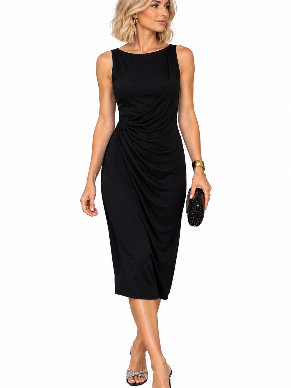 🌹MAKE OFFER🌹Ava & Aiden Black Sleeveless Draped Midi Dress Classic SZ 8